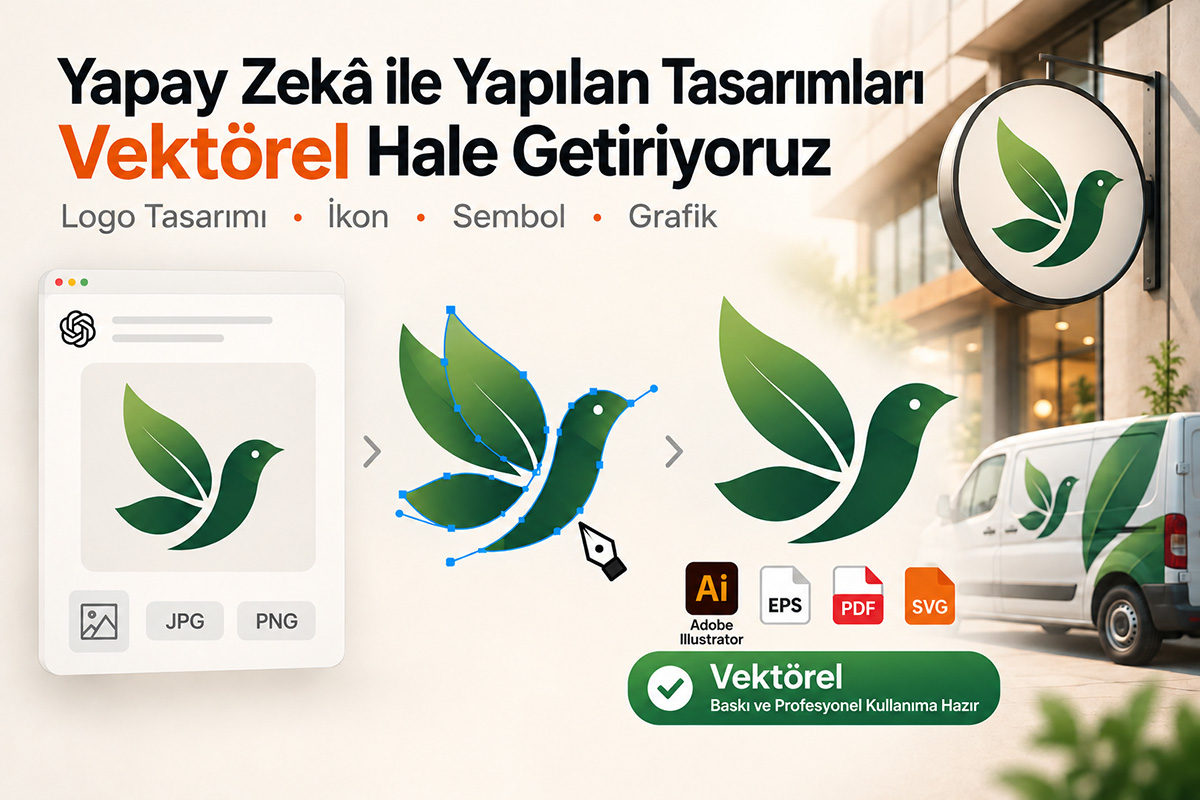 Yapay zekâ ile hazırlanan logo tasarımı, ikon, sembol ve grafiklerin profesyonel olarak vektörel hale getirilmesini gösteren Arel Tasarım görseli.